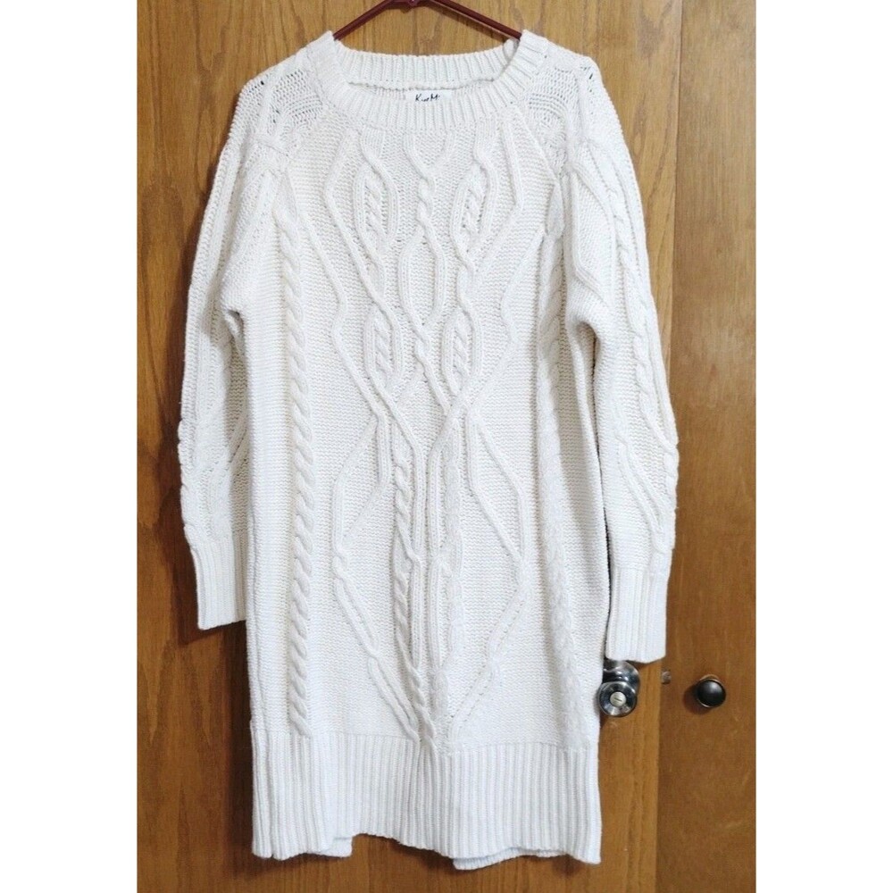 Kye Mi Womens Small Sweater Dress Cable Knit Chunky Cream Long Sleeve Silk Blend